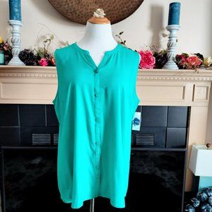 Indigo GNW Sleeveless Tunic Blouse Top XL Turquoise Button Front Woven A-Line